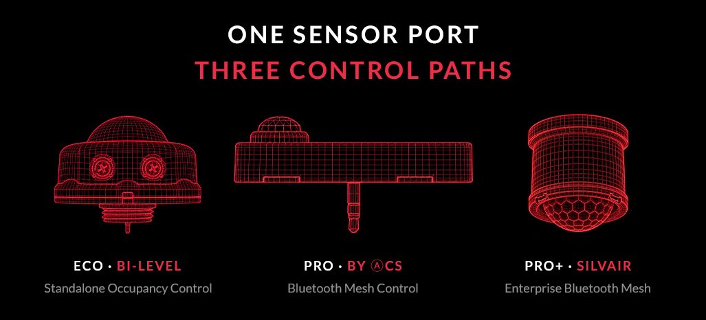 One sensor port, three control paths: ECO Bi-Level standalone occupancy control, PRO ACS Bluetooth mesh control and PRO+ SILVAIR enterprise Bluetooth mesh