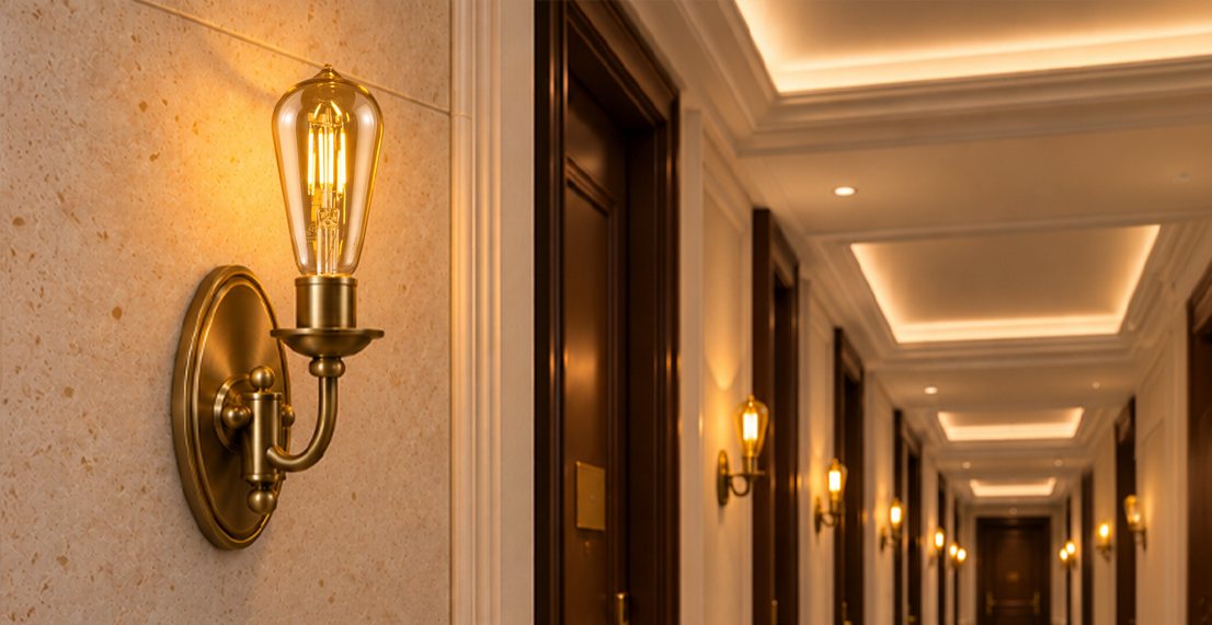The Foundry Edison amber ST19 LED filament lamp in a brass wall sconce along a hotel corridor