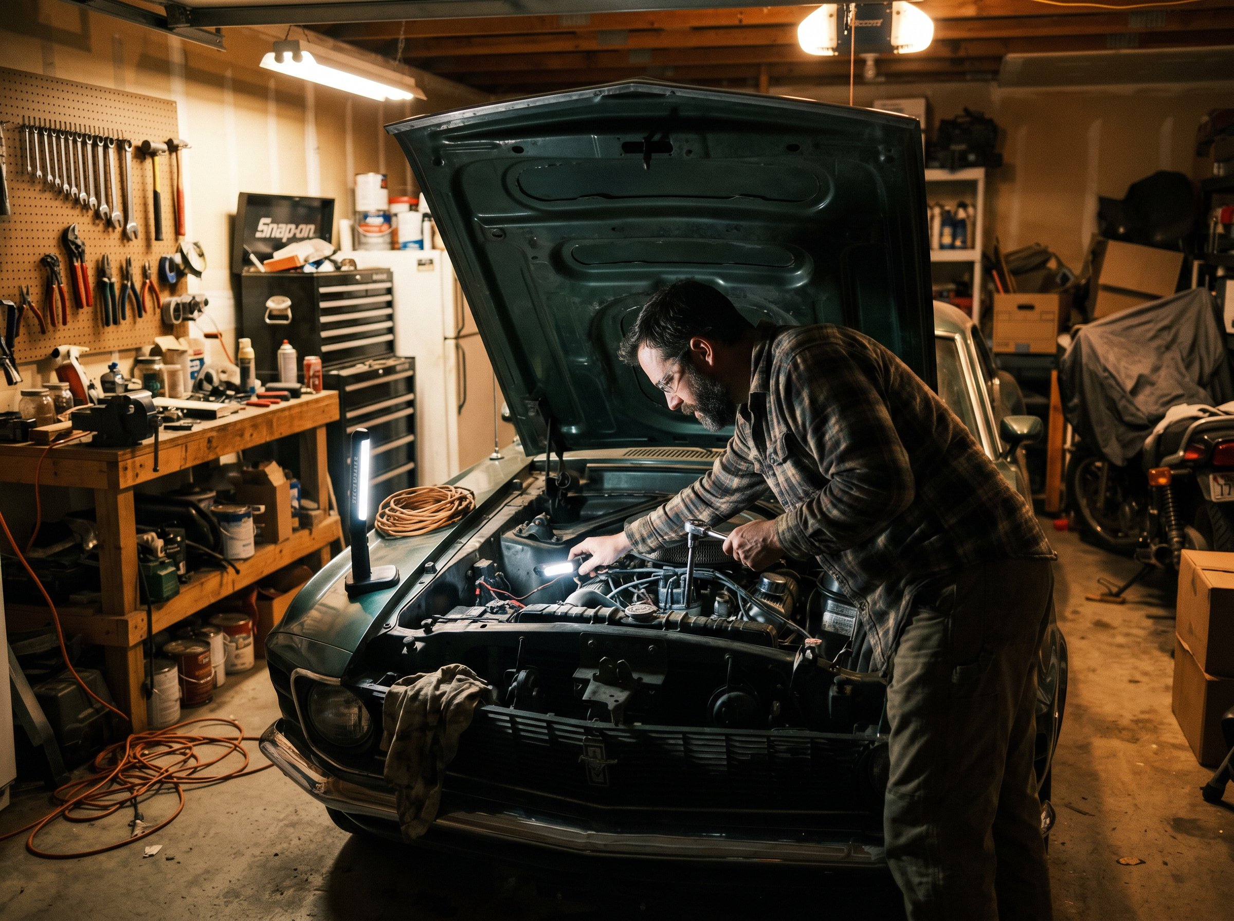 Mechanic using inspection light under a vehicle hood in a garage