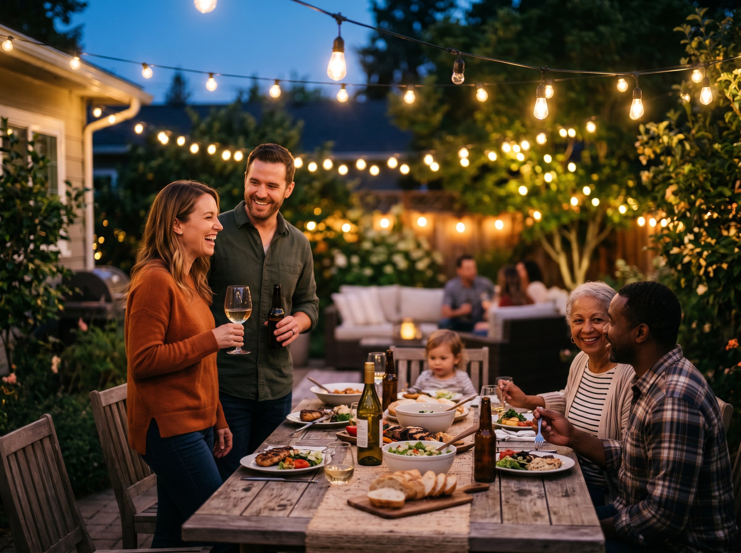 Outdoor evening gathering with warm bistro string lights strung above a patio