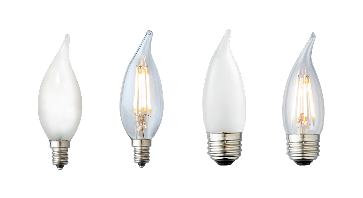 The Bauer CA10 family — LTCA12F12, LTCA12C12, LTCA12F26, LTCA12C26 flame-tip LED lamps