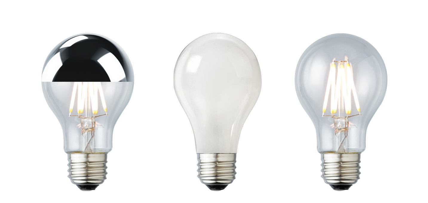 The Eames A19 family — LTA19S silver-tip, LTA19F frosted, LTA19C clear LED lamps