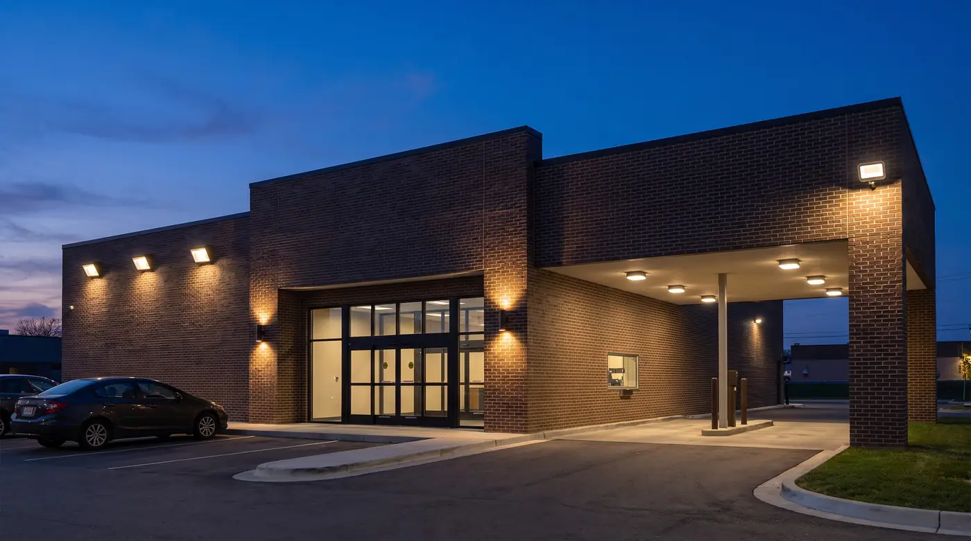 A retail building at dusk with wall packs on the brick, cylinder lights at the door, a lit drive-through canopy and a corner flood light