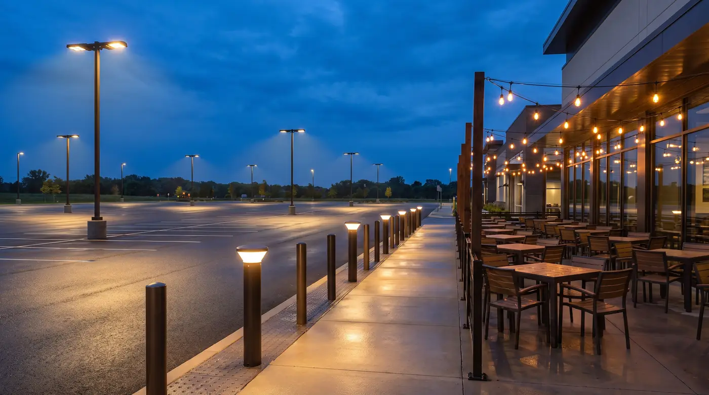 A parking lot with pole-mounted area lights, a walkway lined with bollards and a patio under string lights