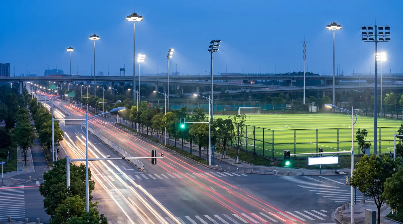 An avenue with roadway lights and a traffic signal, a lit sports field and high-mast lights at a highway interchange