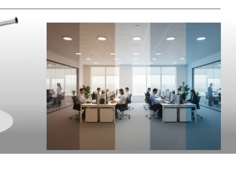 LCDL Astra installed in an architectural office showing the 5-CCTselect range progression from 2700K warm to 5000K cool with CRI 90+ truⒶCOLOR rendering — class-leading color quality at every selectable CCT for spec-grade architectural projects where color rendering matters more than raw lumen-per-watt