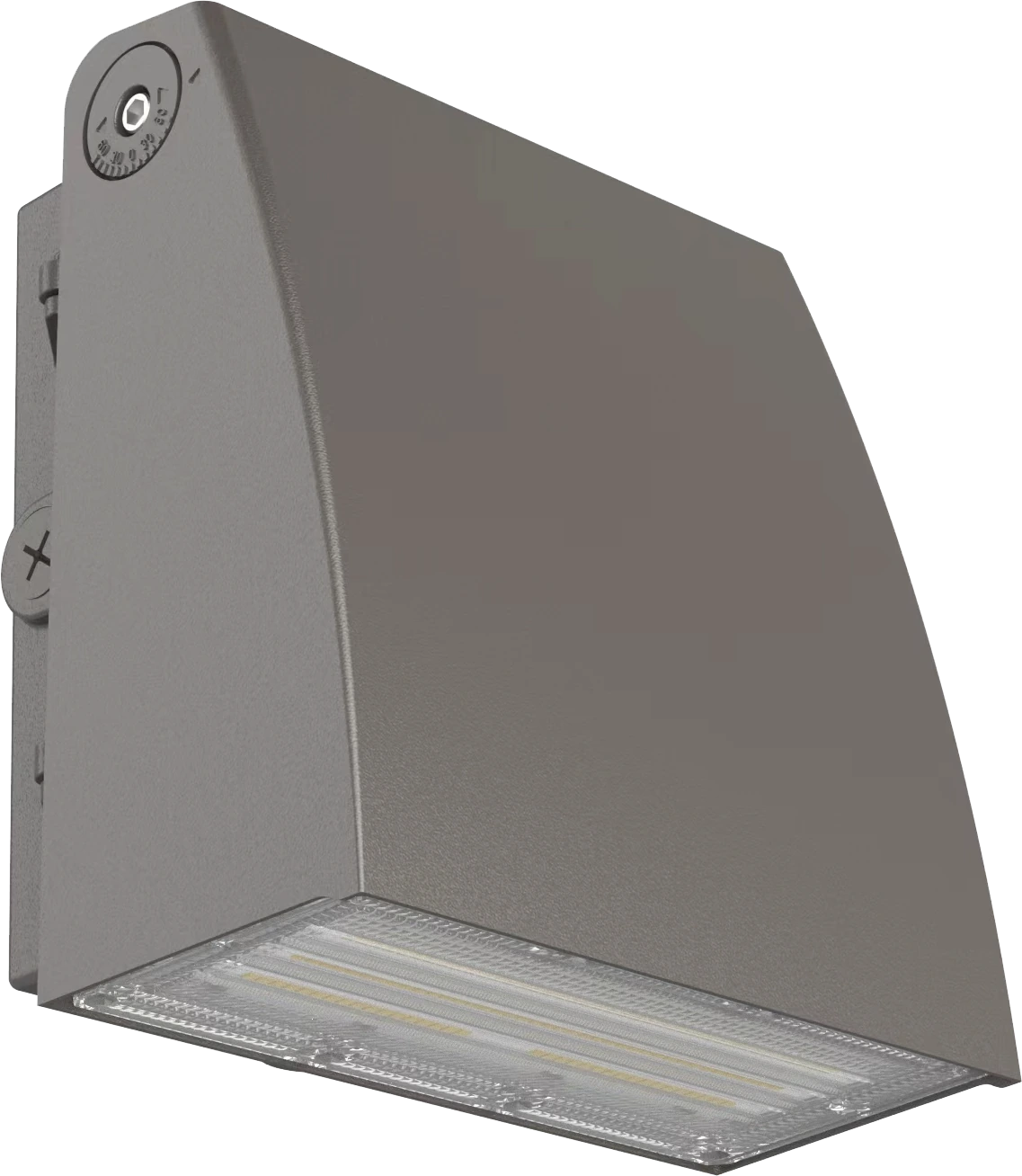 luxoⒶRCH Atlanta — PRO adjustable wall pack with WATTSELECT × CCTSELECT field-set DIPs and integrated photocell standard, perimeter wall fixture that pairs with Everest flood at building edges