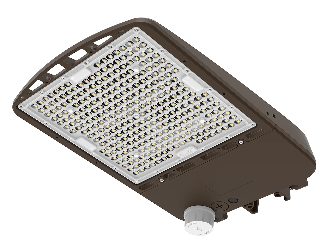 luxoⒶRCH Heritage — ECO contractor-grade shoebox area light, 70-300W field-set across 2 housings, parking-lot pole fixture that pairs with Everest flood at the same property