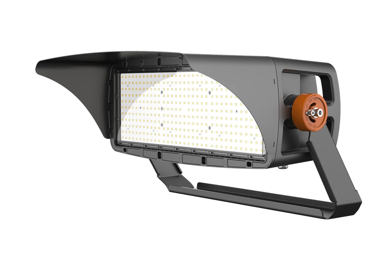 Illuminator — three-luminaire array on a stadium pole crossarm