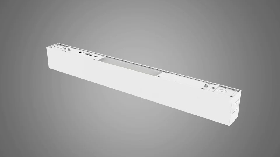 Lara architectural linear pendant lit at full output in a clean white studio setting, demonstrating the 156 lumen-per-watt efficacy that earns DLC Premium qualification on the LUXA2 platform