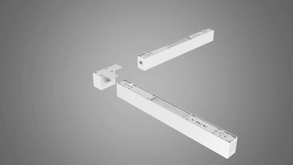 Two Lara architectural-linear segments converging at a non-lit T-joiner connector, visualizing the MagⒶfit toolless joining system that aligns segments magnetically and passes electrical through a single connector face