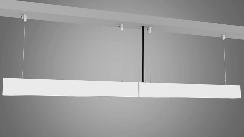 Multi-fixture Lara architectural-linear installation in an open-plan space — bridging into the contrⒶLS by ⒶCS controls platform with Bluetooth Mesh PIR sensors and kinetic wall switches qualified for the DLC Networked Lighting Control rebate adder