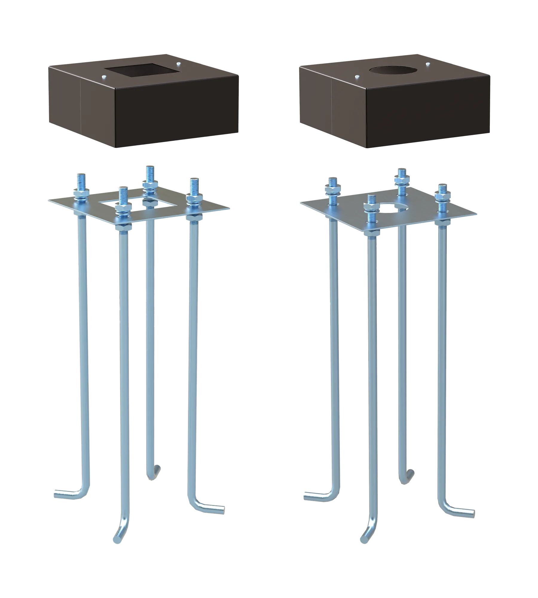 Anchor base kits for a square and a round pole: four L‑hook bolts, positioning plate and two‑piece base cover