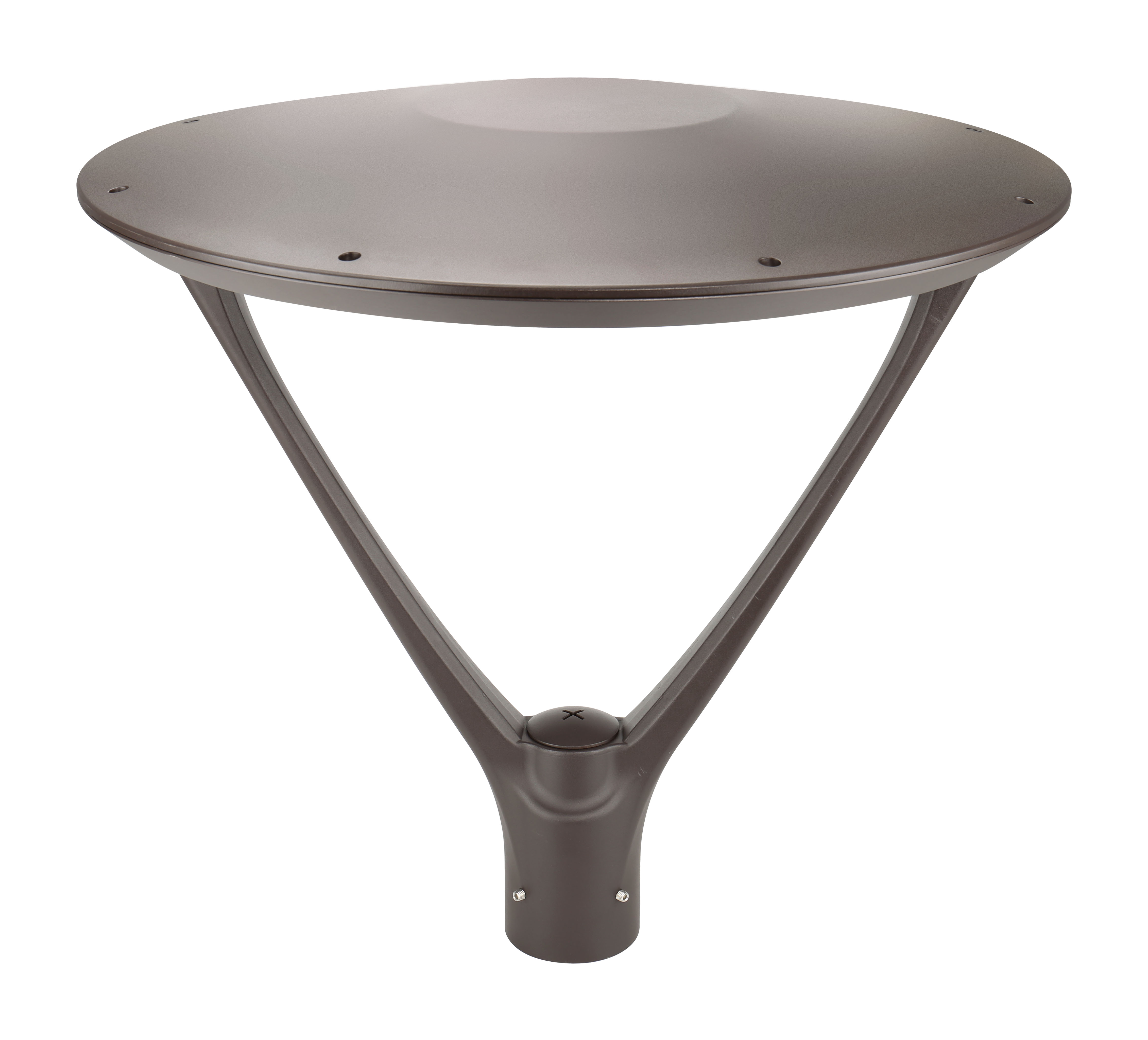 Symmetry-Series — top-down 3/4 view emphasizing the disc hood profile, V-yoke, and pole-fitter junction at architectural perspective.
