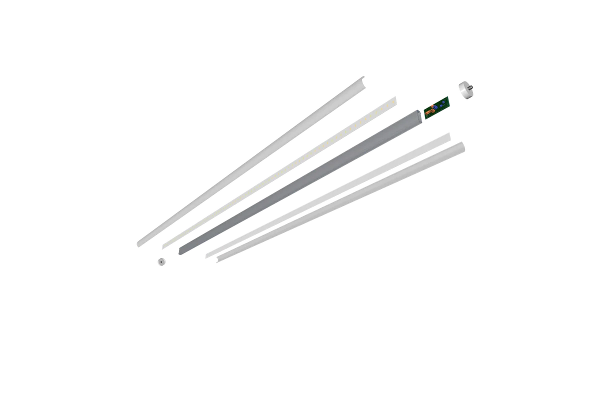 LY-T10 exploded: lens, LED board, aluminum channel, driver, reflector and end caps