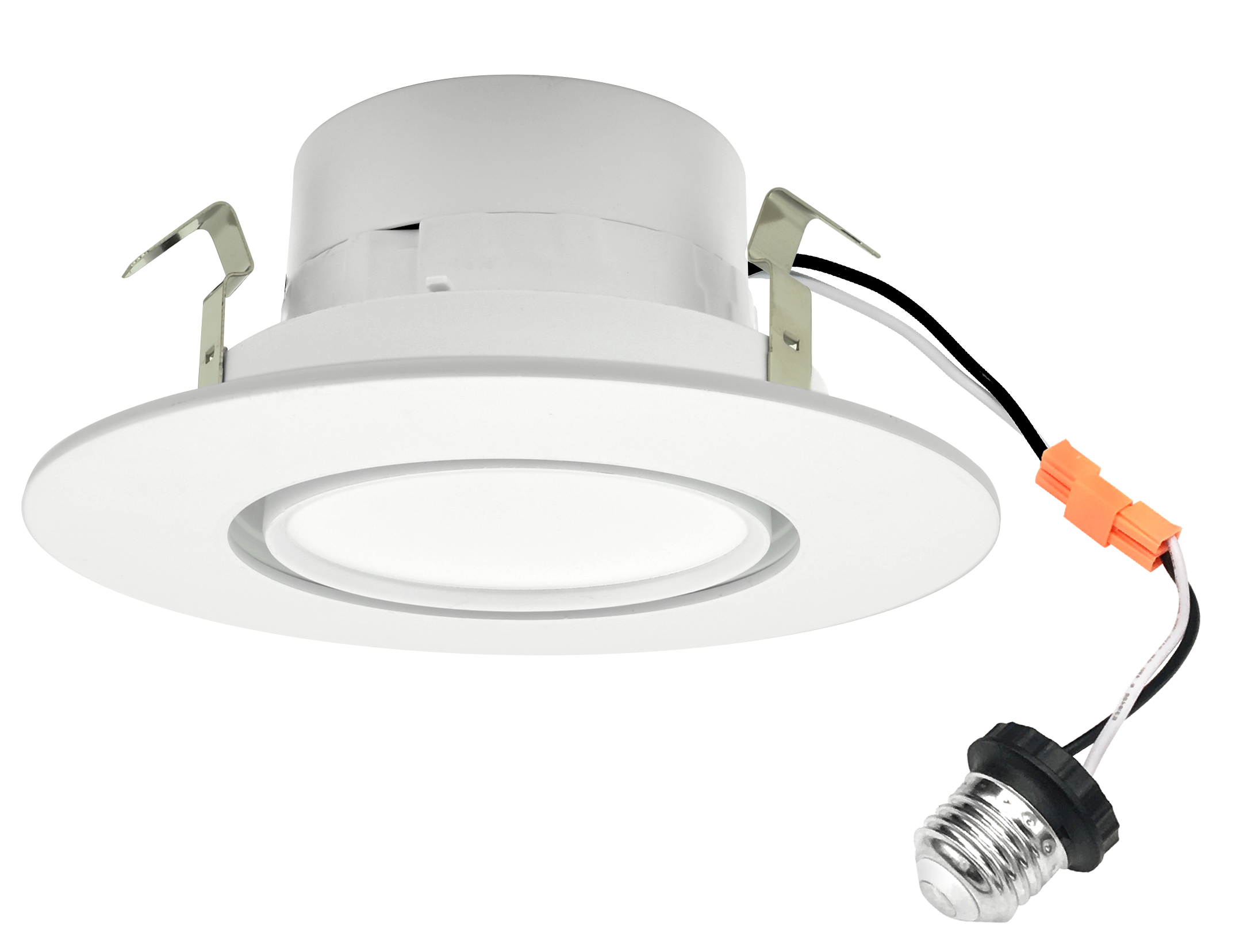 LDGR Orbit-I — 4″ back-3/4 showing torsion-spring retention clips, E26 quick-connect adaptor, and 5-CCTselect switch behind the gimbal