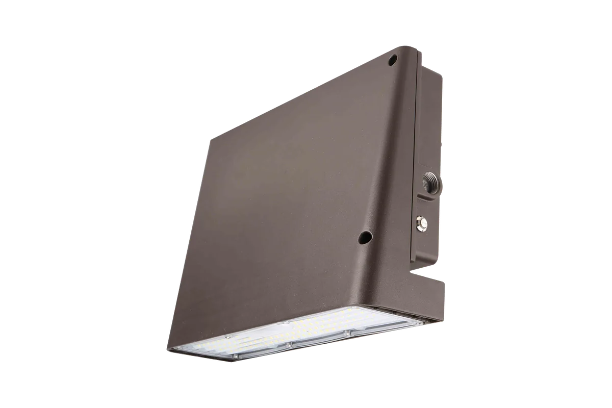 Nightwatch fixed-throw wall pack from below: the prismatic lens under the sloped top