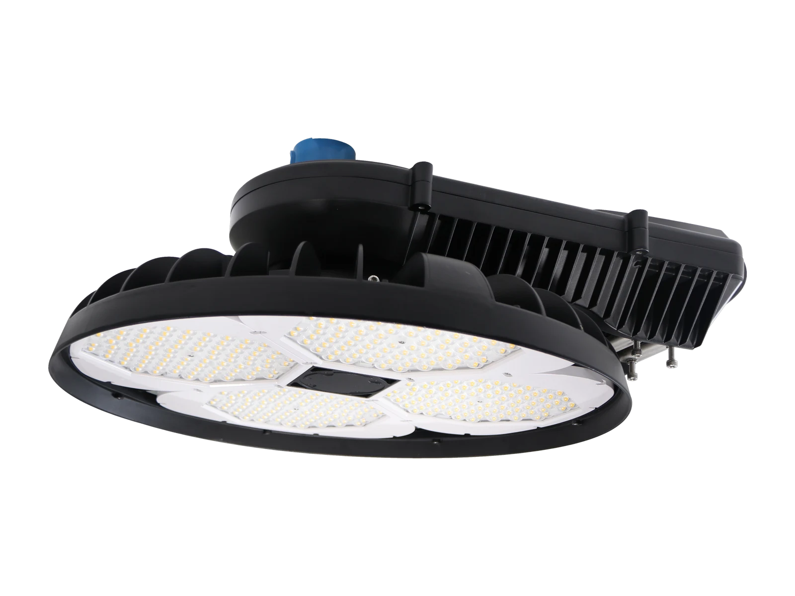 LHMF OmniMax — alternate marketing angle showing housing depth, glare-shield mount, and 4-LED-section optical assembly