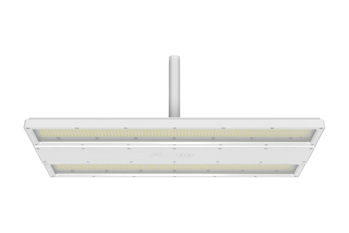 Poseidon sealed LED linear high bay on a conduit pendant at its threaded hub