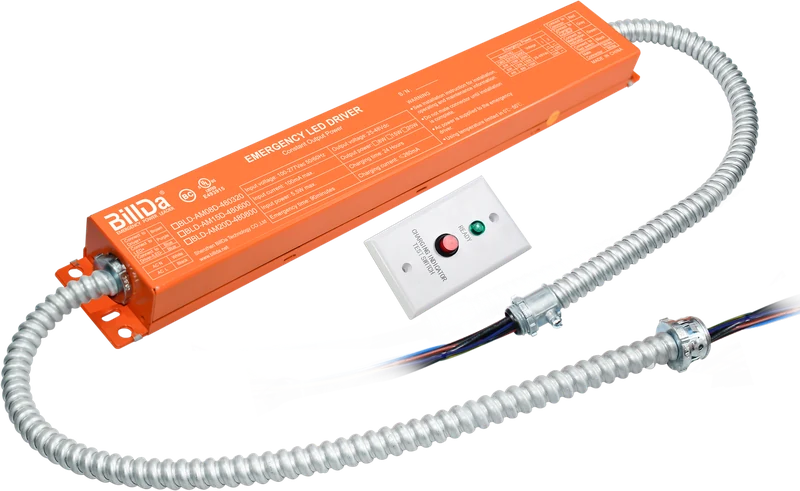 EM08-AMB/48DC · 8W auxiliary-mount emergency LED driver · UL 924 listed · orange housing with flex conduit + test switch