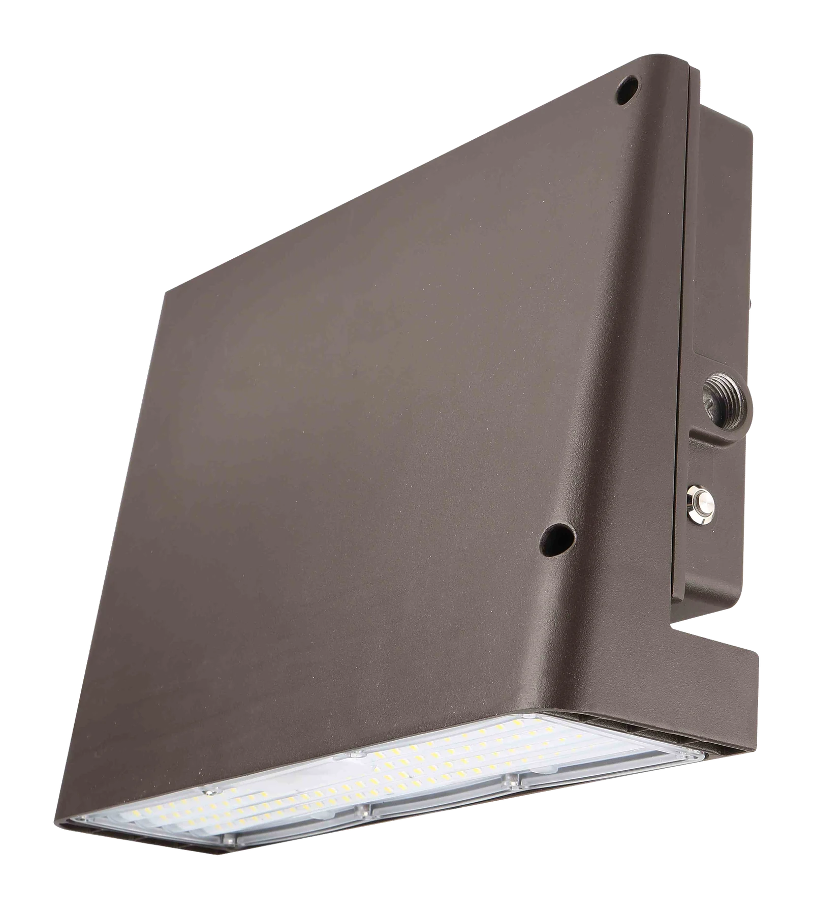 Sentinel installer view — gloved hand wiring the universal-voltage driver into a standard 4-inch wall junction box, integrated dusk-to-dawn photocell highlighted on the housing