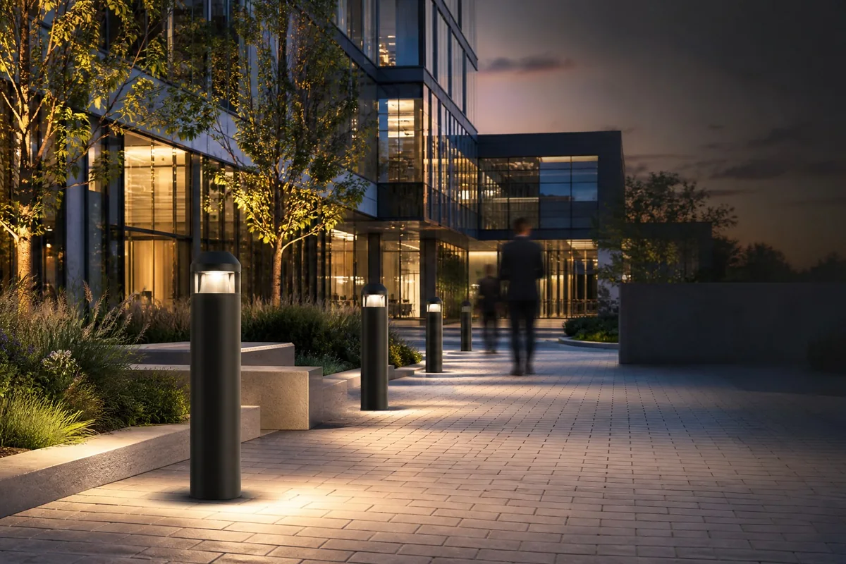 Sentry bollards along a building walkway at dusk