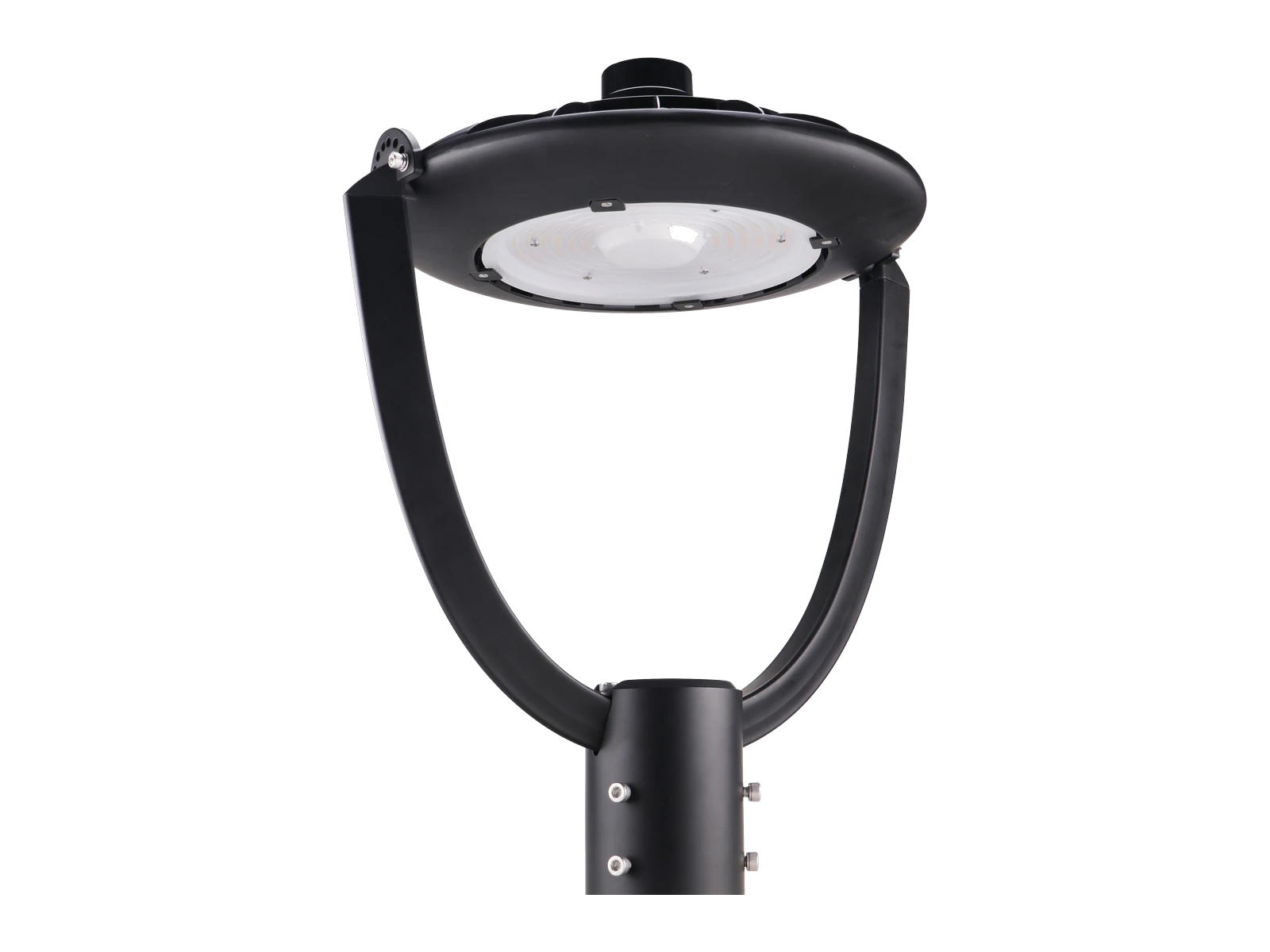 Unity-I 150W black housing — 3/4 hero angle showing curved cantilever arch and frosted glass diffuser