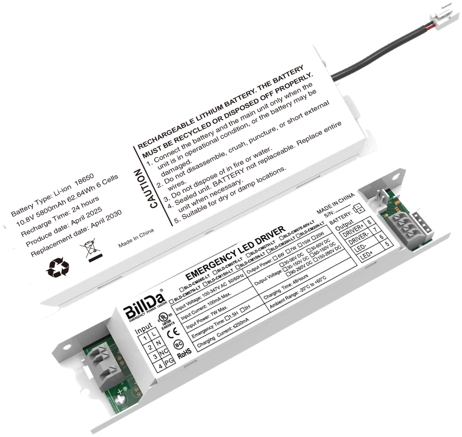EM20 (EM20-CMB/260DC) — 20W constⒶNT factory-install battery backup module · sized for LWPC3W120